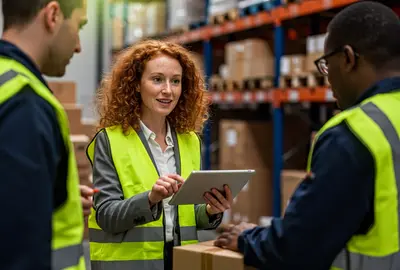 eine Frau mit Tablet und zwei Männer befinden sich in einem Lager und unterhalten sich