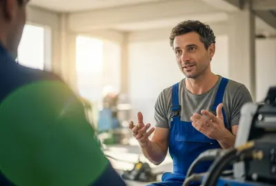 Mann im „Blaumann“ im Gespräch mit einem weiteren Mann