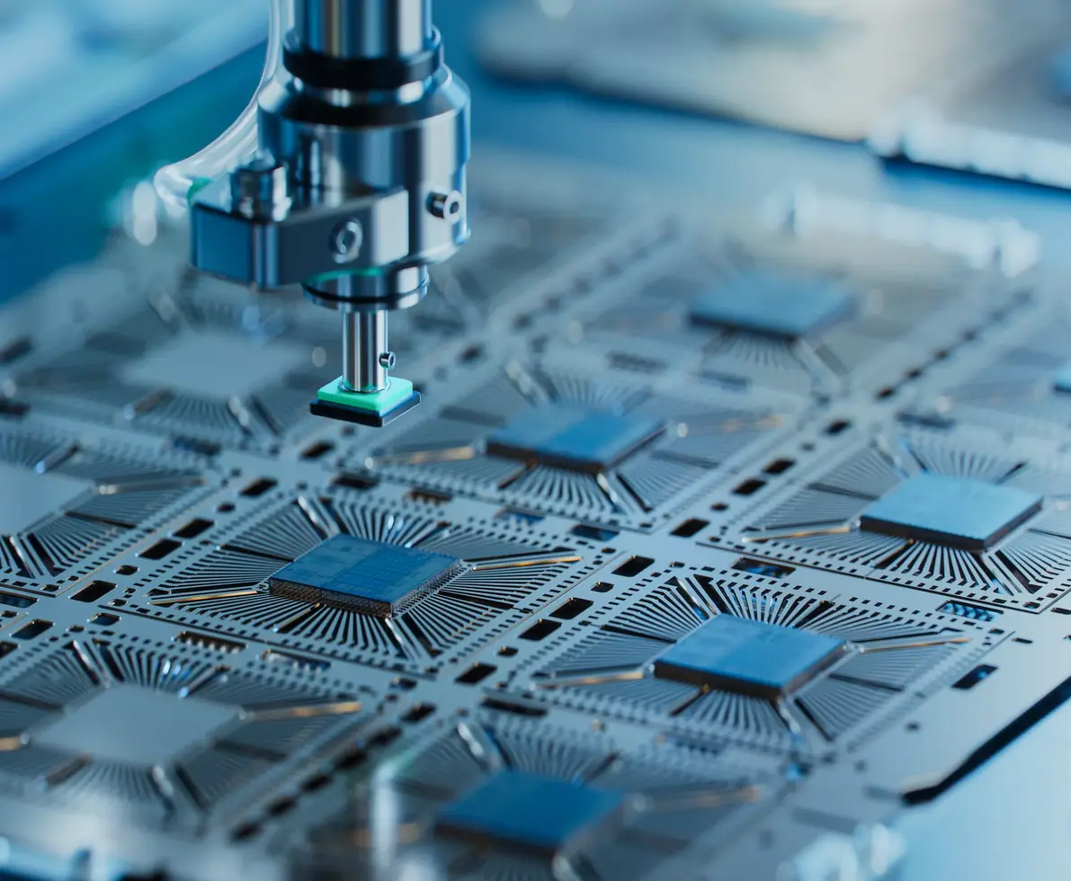 Nahaufnahme eines Siliziumplättchens im Fertigungsprozess von Computerchips