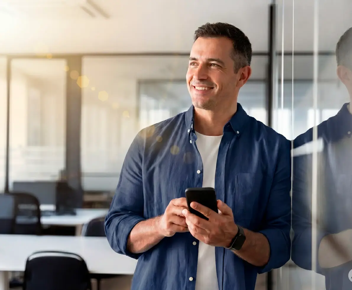 lächelnder Mann mit Mobiltelefon in der Hand