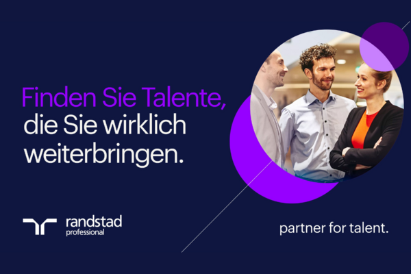Grafik für Randstad Professional mit Bild dreier Mitarbeiter im Gespräch.