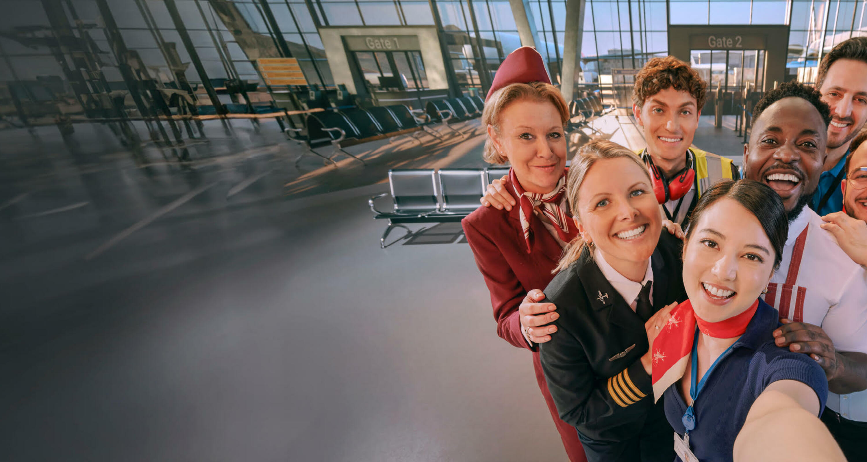 Selfie mit mehreren Flughafenmitarbeitern und einer Servicemitarbeiterin im Vordergrund